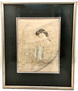 Antique Chinese Ink and Wash Painting of Chinese Girl Playing Flute (Dizi)