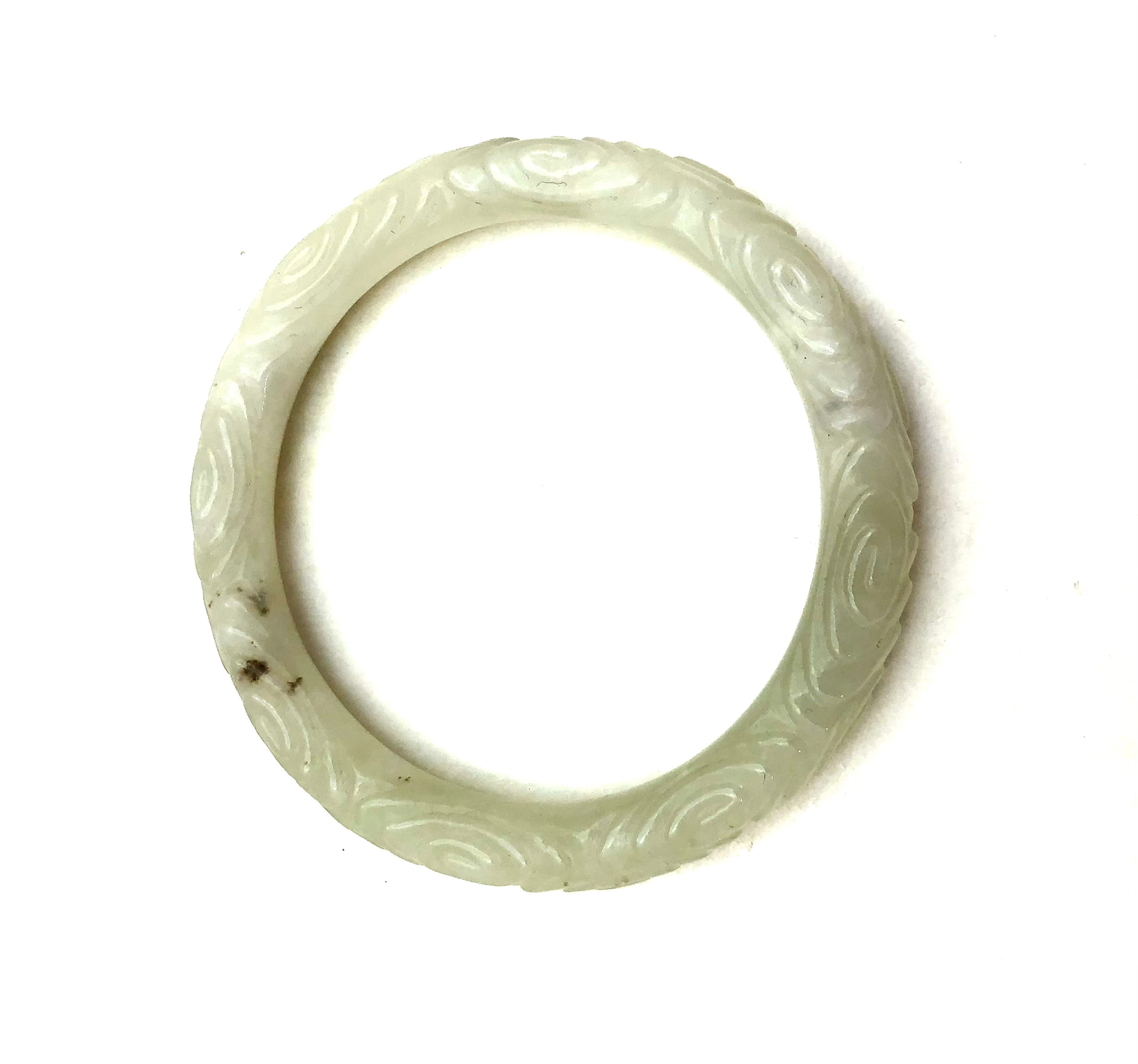 Antique Chinese Dynasty Carved Celadon Jade Flower Bangle Bracelet