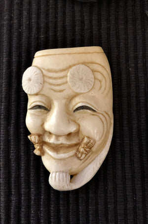 Antique Ivory Brooch Carving of Okina | Artist: Shosai Tsuda | Meiji Period