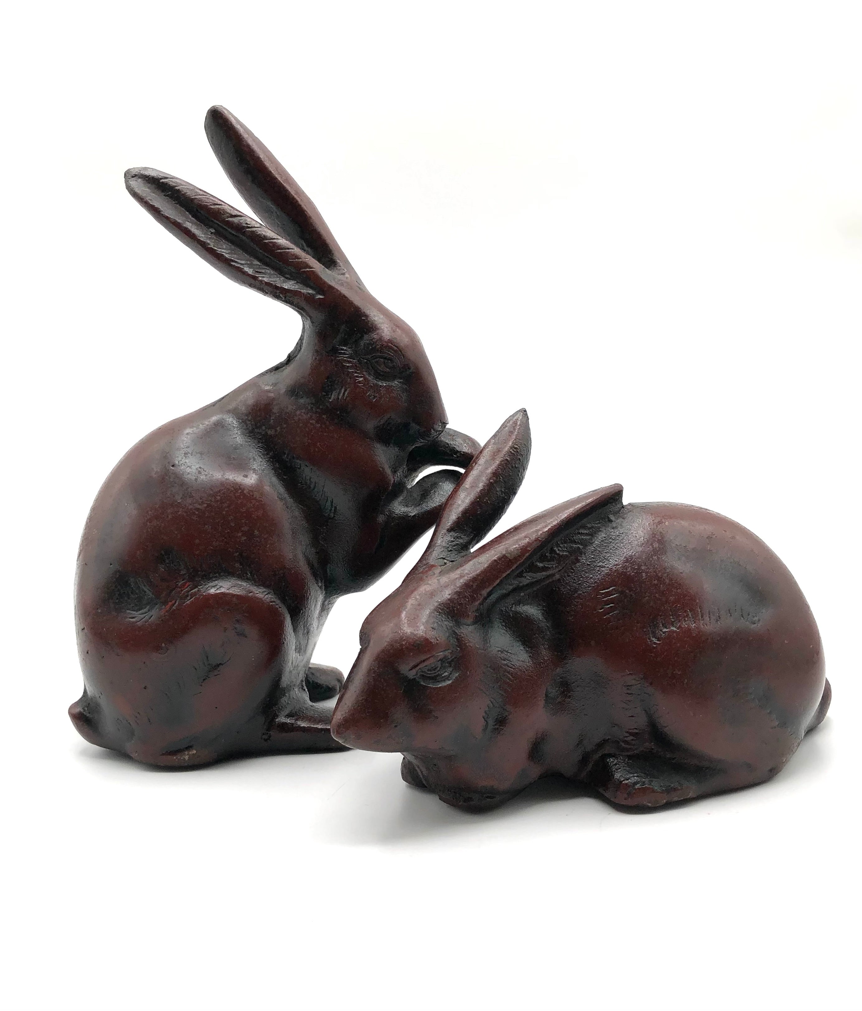 Antique Japanese Bronze Rabbits | Pair Usagi Okimono