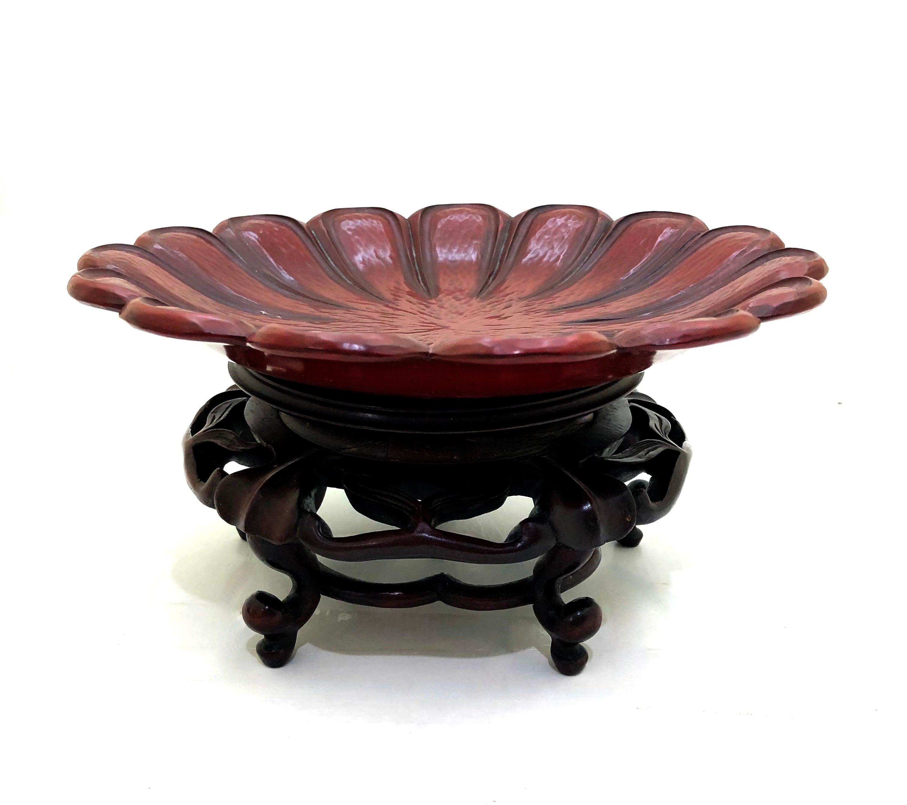 Antique Japanese Kamakura-Bori Lacquer Flower Tray with Antique Rosewood Stand
