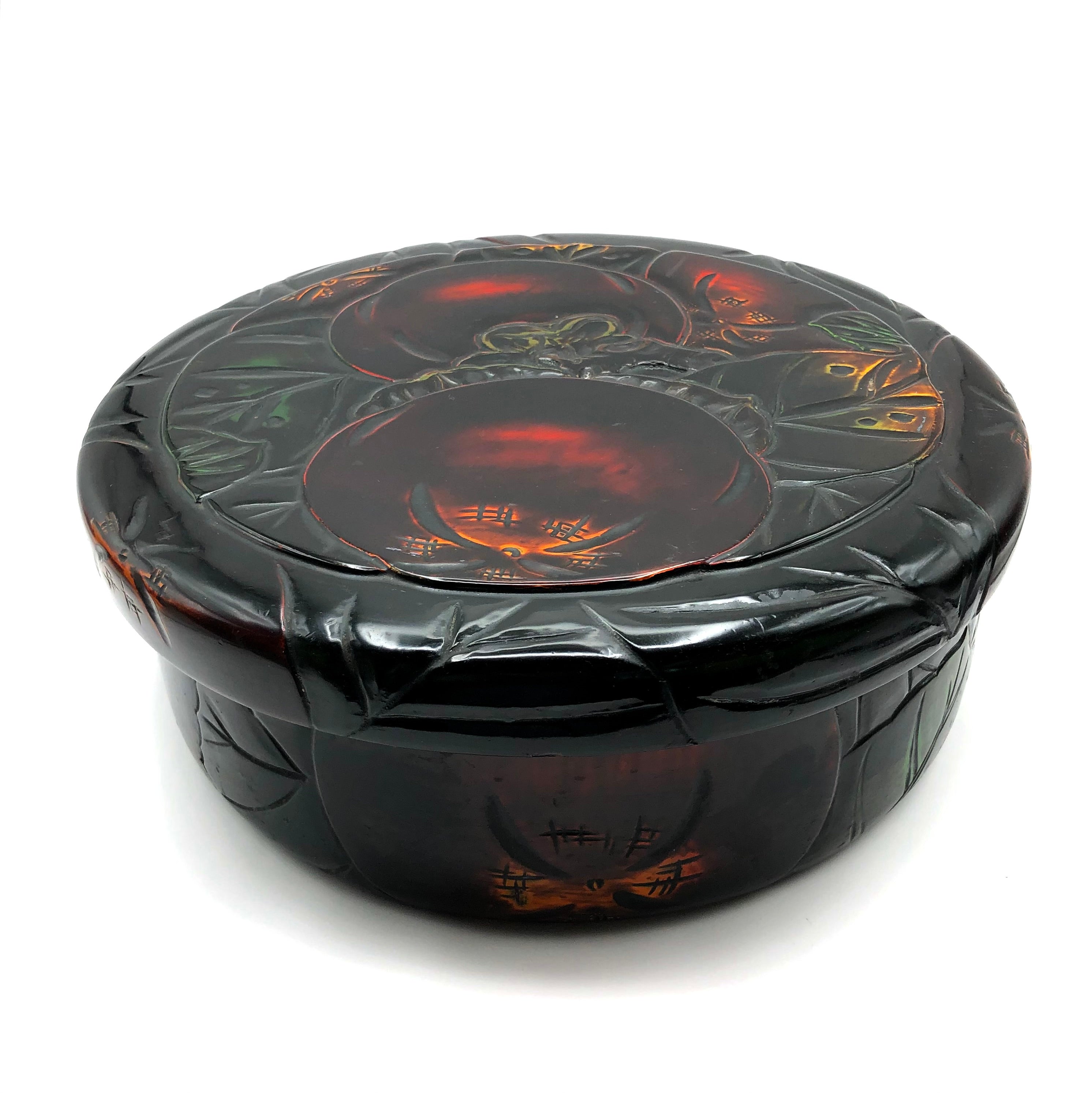 Antique Japanese Lacquer Round Wood Chabako | Tea Box with Persimmon Motif