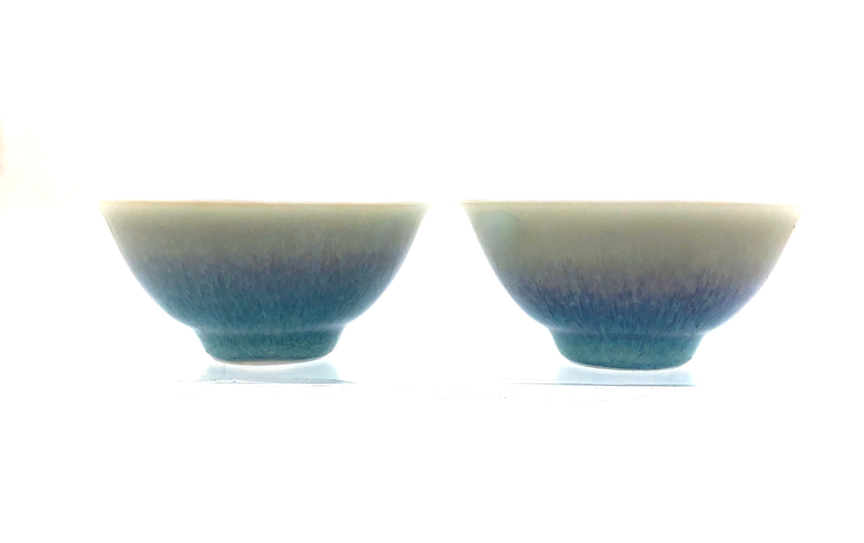 Japanese Celadon and  Blue Sakazuki Sake Cups by Tatsuji Yamanaka