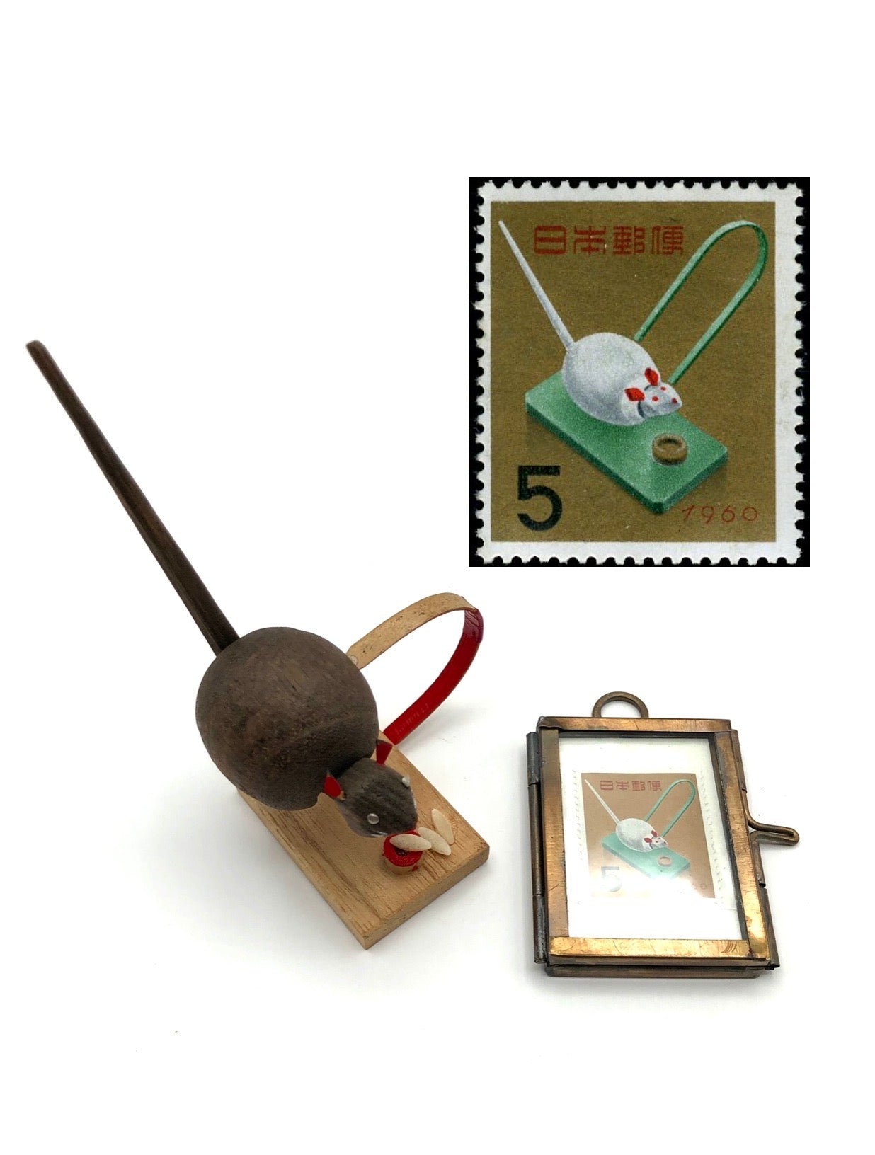 Vintage, Traditional, RARE Wooden Mechanical Toy: “Komekui Nezumi” | Rice-Eating Mouse with Stamp