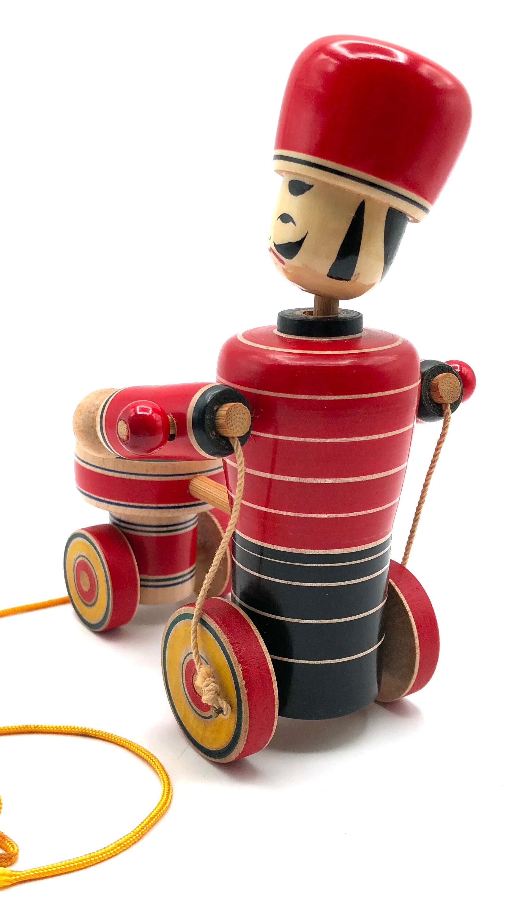 Japanese Rare Vintage Kijigangu Wooden Drummer Folk Pull Toy by Tusta Fumio
