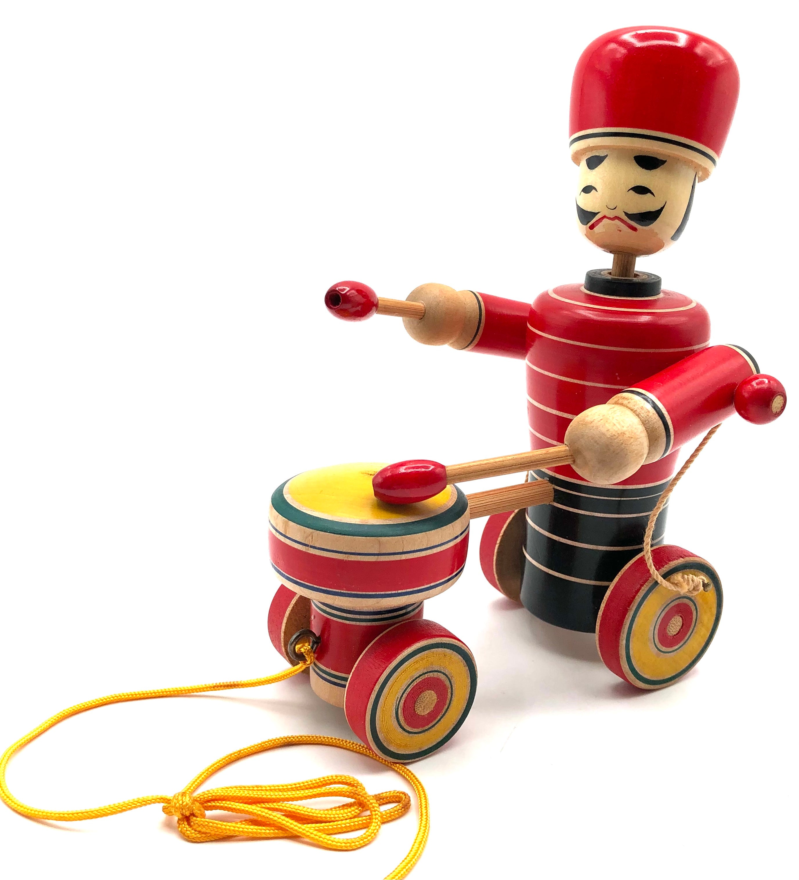 Japanese Rare Vintage Kijigangu Wooden Drummer Folk Pull Toy by Tusta Fumio
