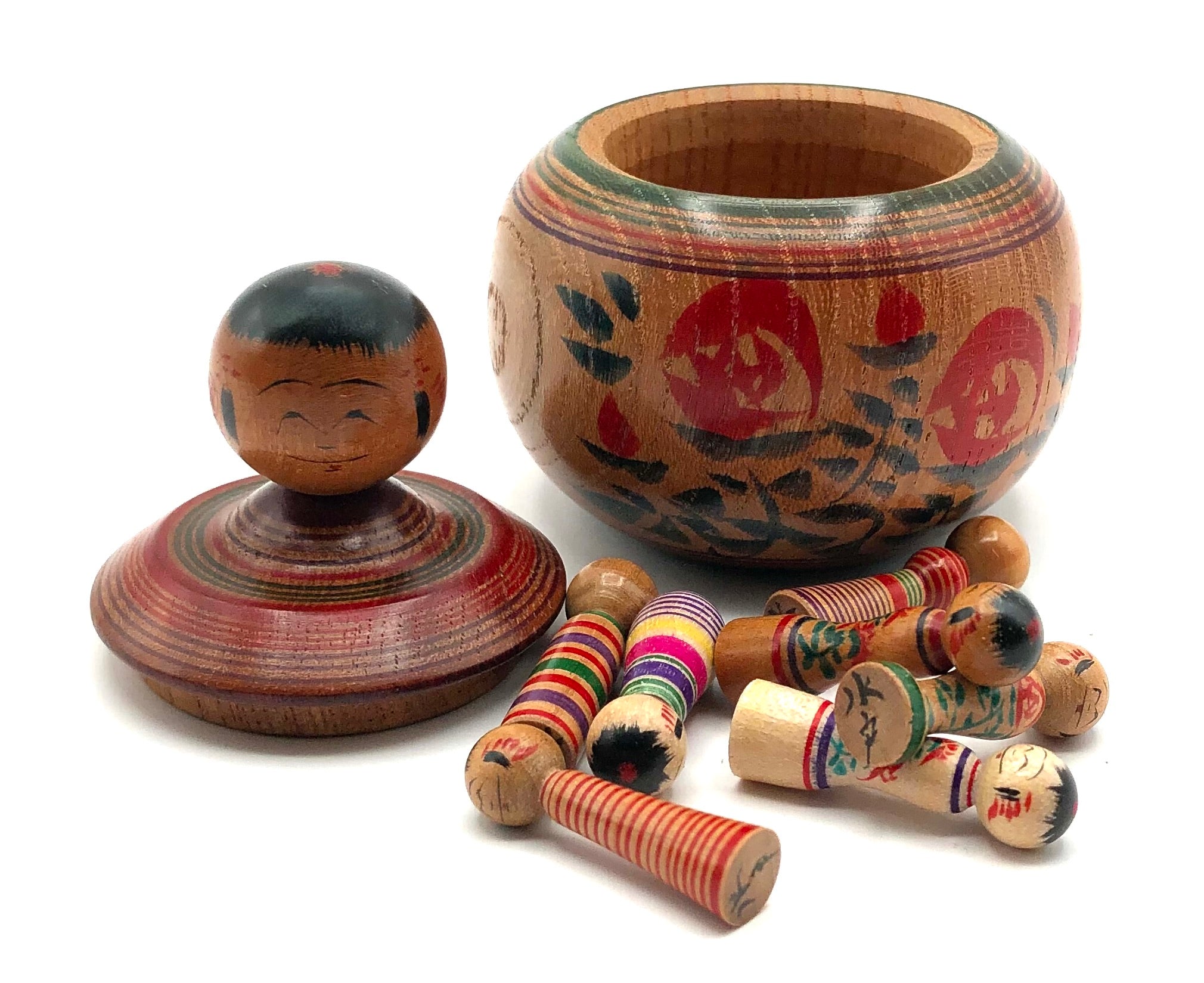 Japanese Traditional Zao Ejiko Kokeshi with Seven Miniature “mame-omocha” Kokeshi by Mito, Hiroshi