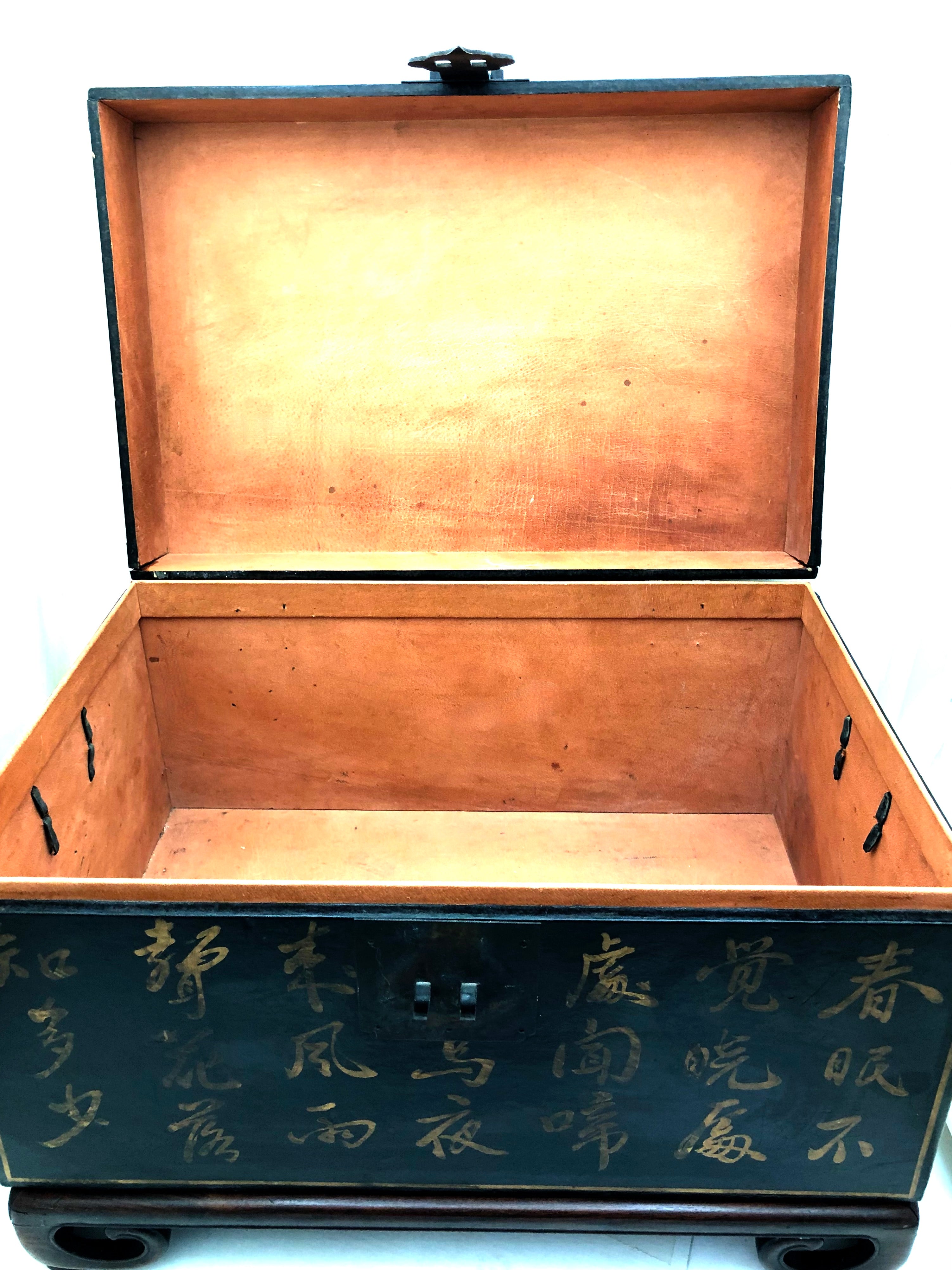 Japanese Vintage 19th Century Black Pigskin and Hand Painted Treasure Box