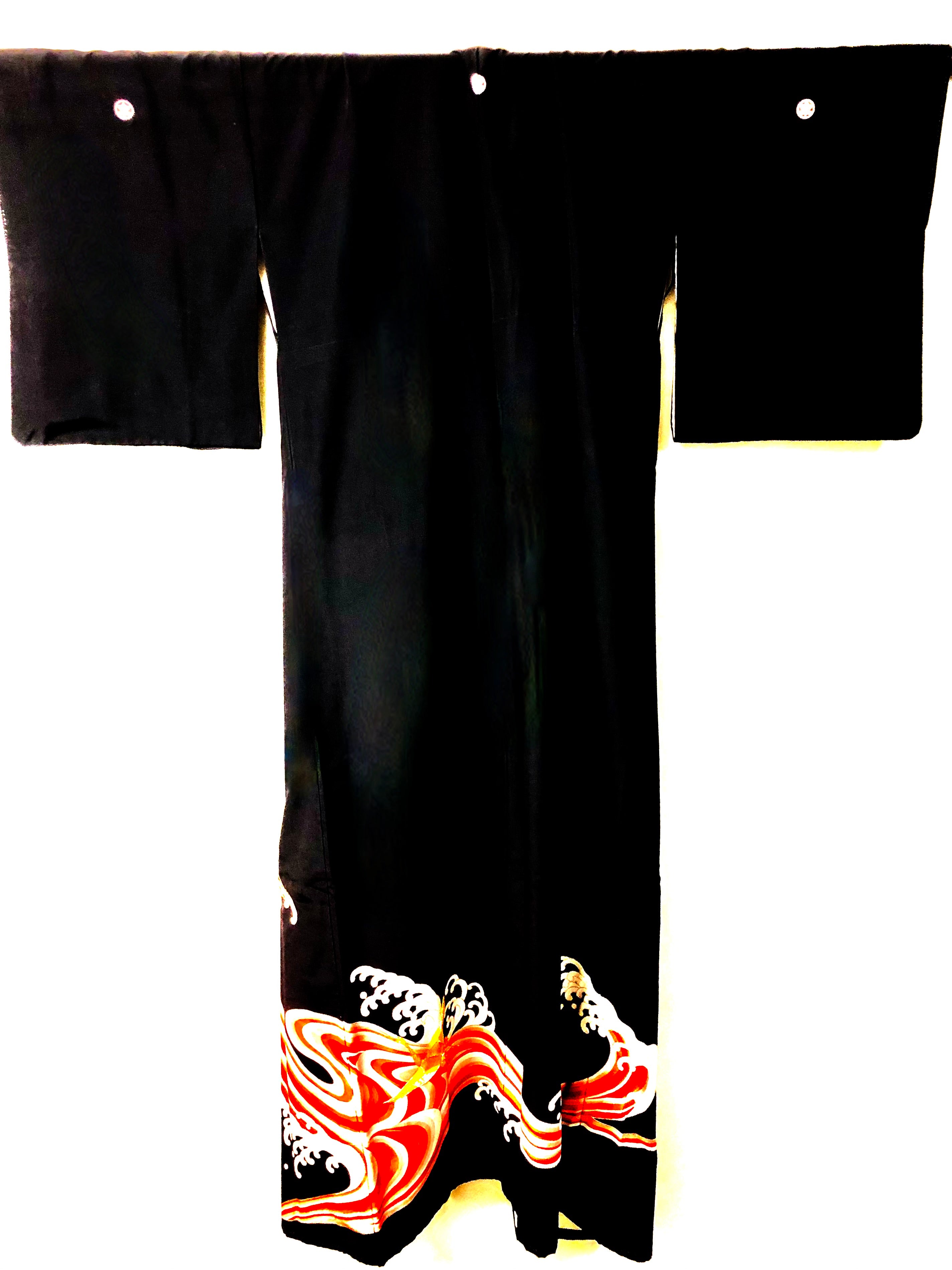 Japanese Vintage Silk Kuro-Hachijo, Tomesode Crested Kimono | Woman’s Formal Black Embroidered Cranes and Waves Kimono