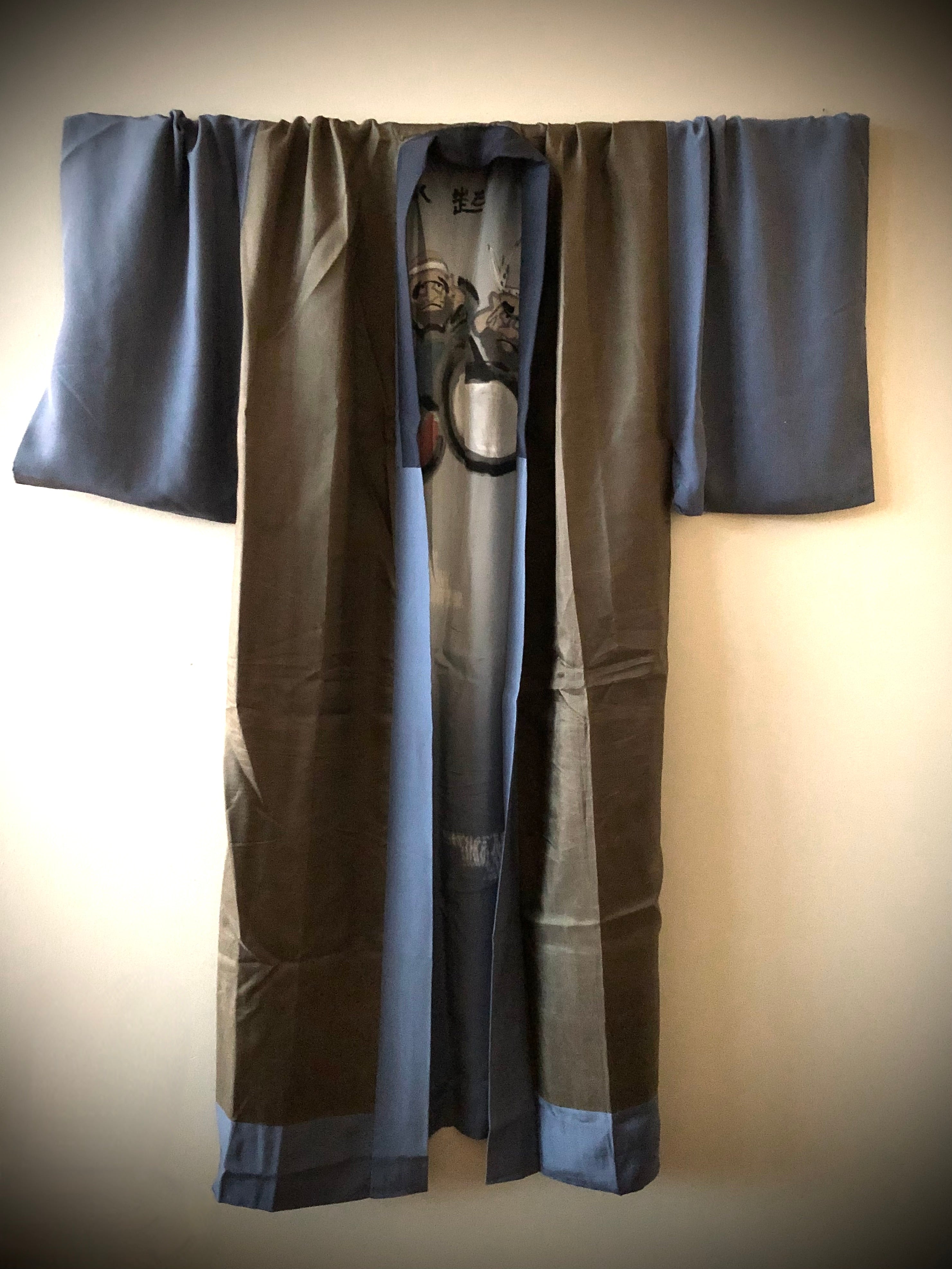 Japanese Vintage Gentleman Silk Naga-juban with Daruma Graphic