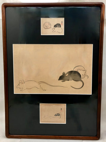 Antique Japanese Woodblock Print Set entitled: Three Mice_Three Puppies by KORIN, OGATA