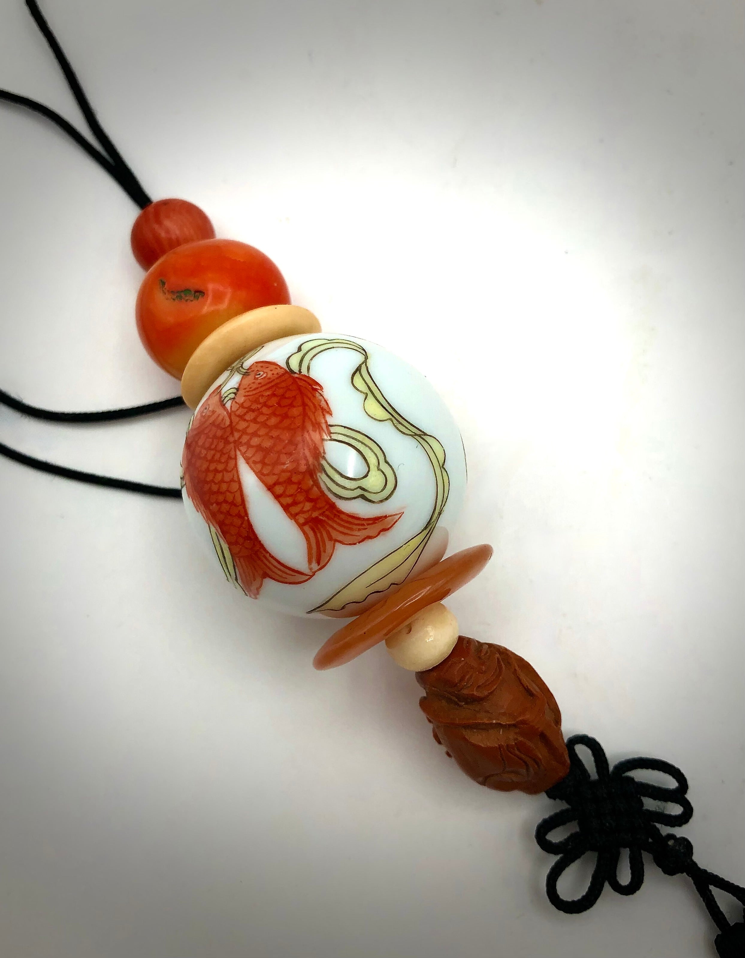 Vintage Japanese Auspicious Porcelain and Coral Necklace / Pendant