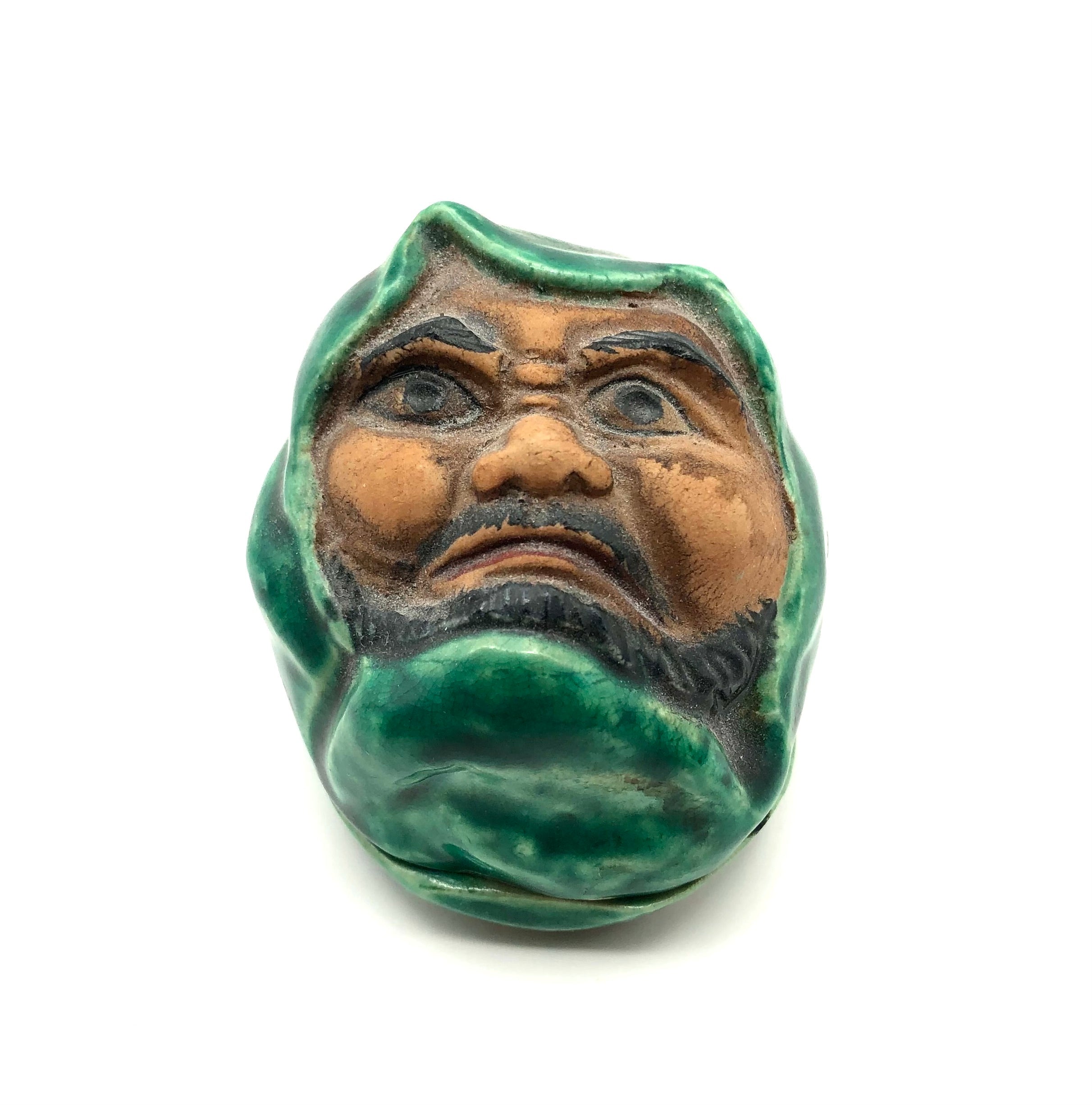 Vintage Japanese Kutani Green Glazed Kogo with the Face of Daruma