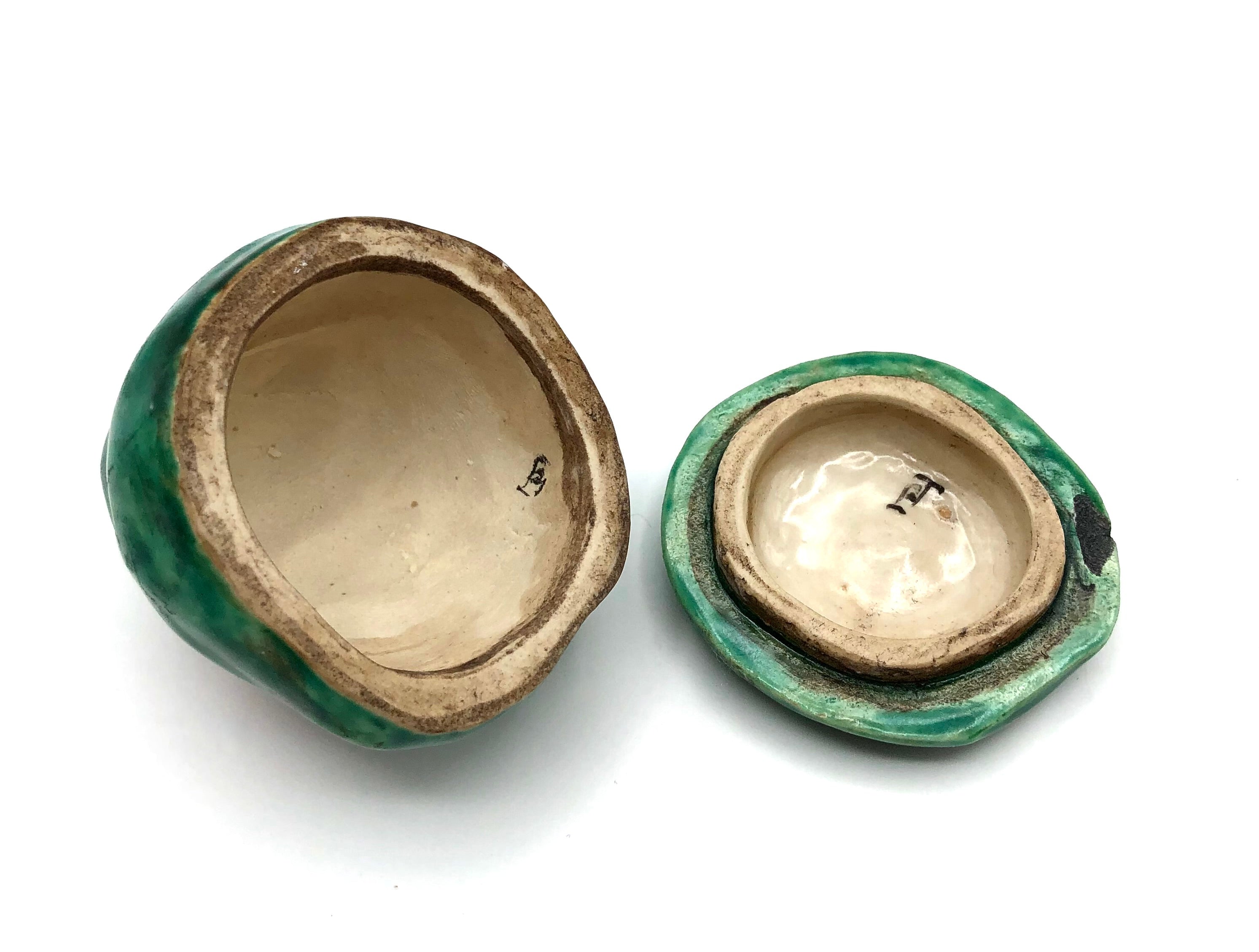 Vintage Japanese Kutani Green Glazed Kogo with the Face of Daruma