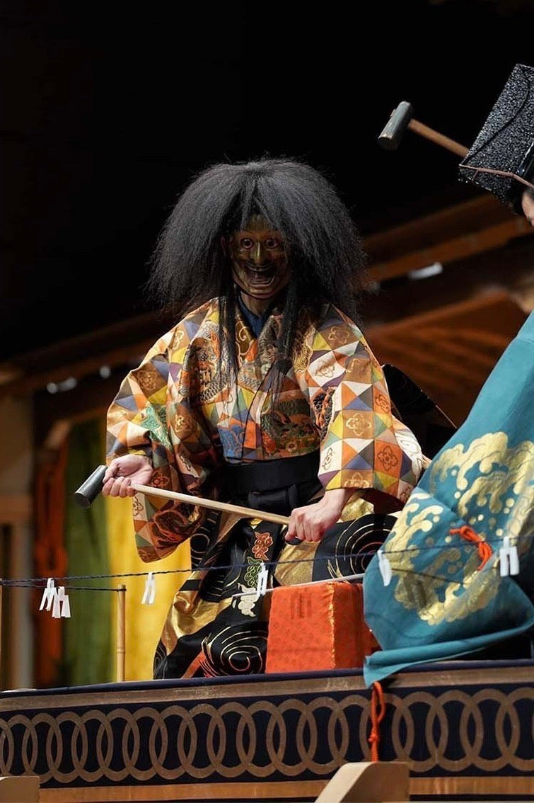Vintage Japanese Singed Wood, Lacquer Noh Mask of ‘Omoikane-no-mikoto’, God of Disaster/Protection | Traditional Kagura Dance/Demon Bagairu. Artist: Seiyu