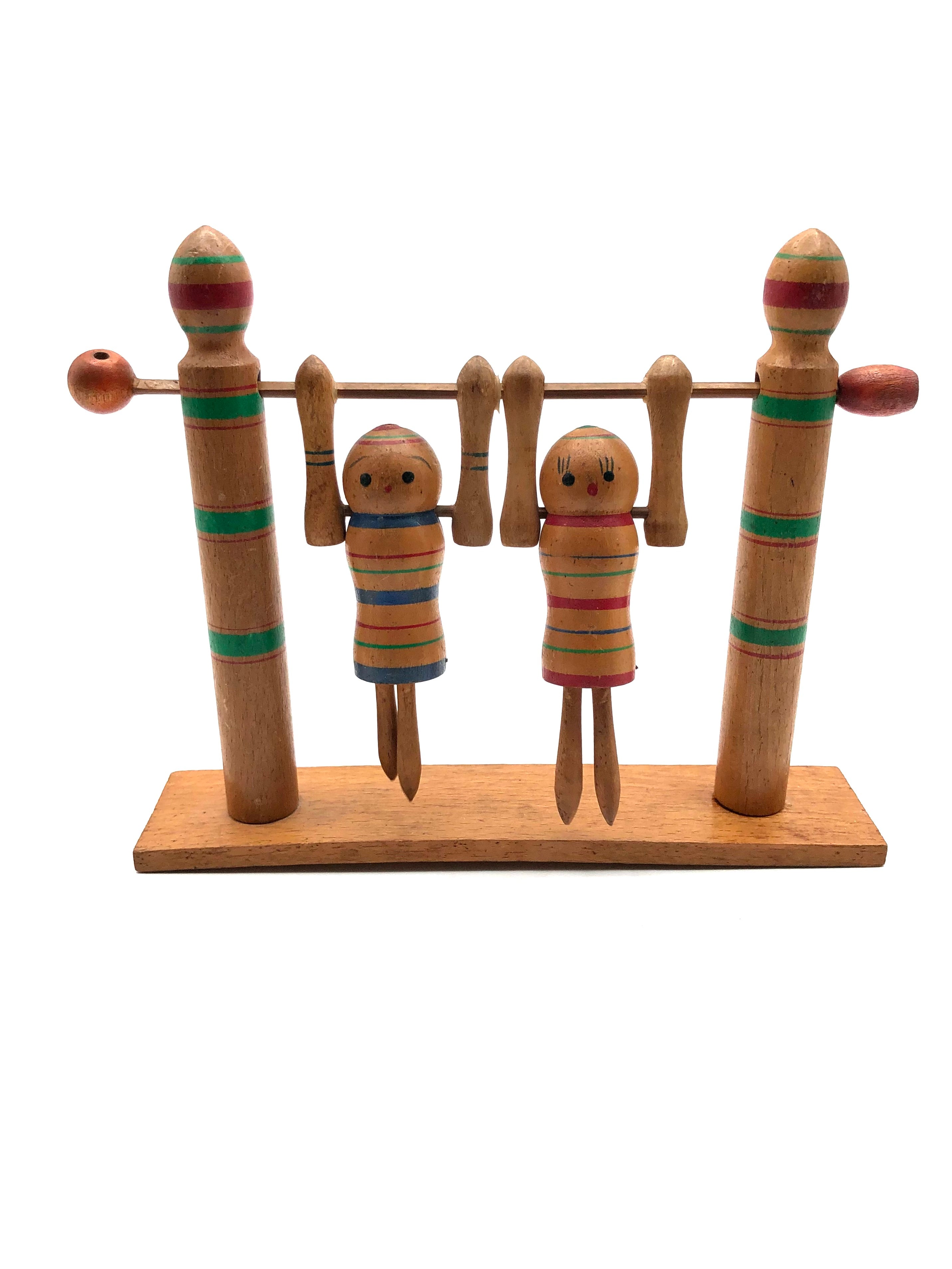 Vintage Japanese Wooden Yajirou Kokeshi Double Acrobats | Tsuta Family Articulated Kijigangu by Tsuta, Sakuzuo (1892-1957)