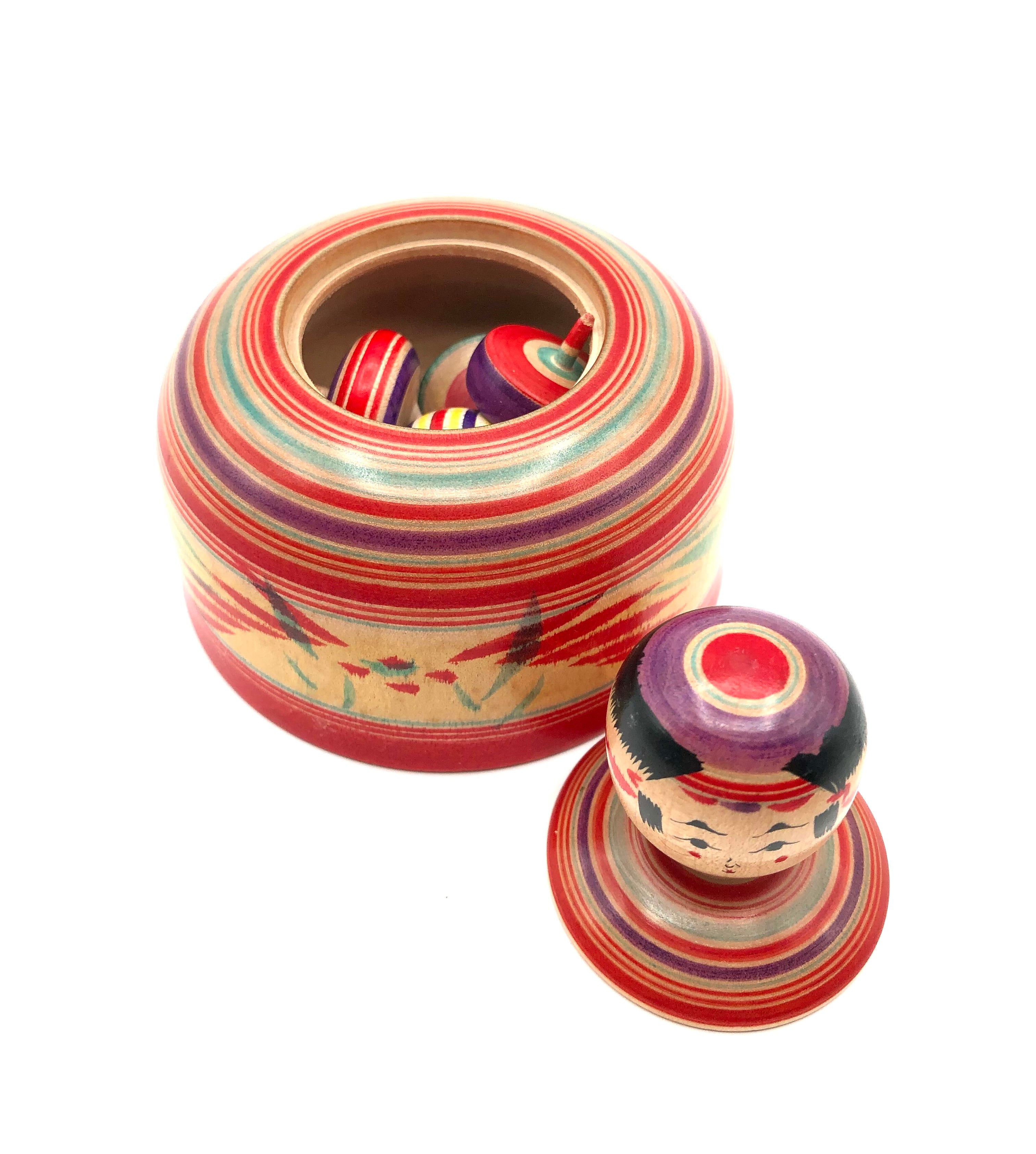 Vintage Japanese Yajirou Ejiko Container with Miniature Spinning Tops (Koma) by Ooizumi, Kiyomi (1936-)