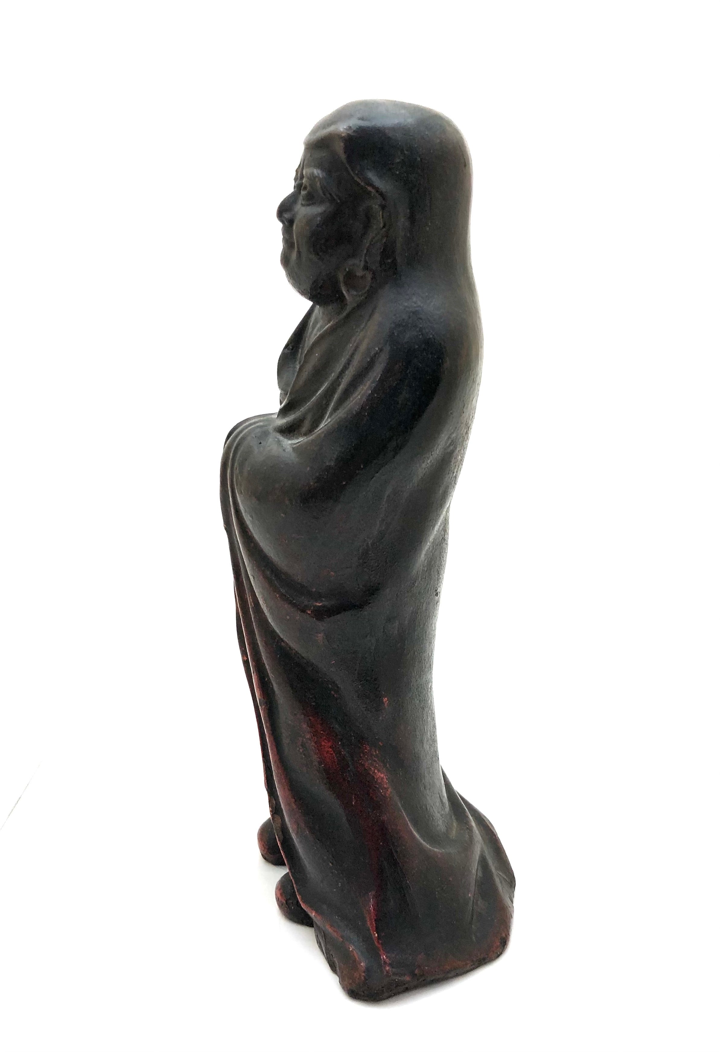 Antique Japanese Bizen Yaki Daruma Okimono In a Standing Mudra Pose | Zen Master Bodhidharma Statue