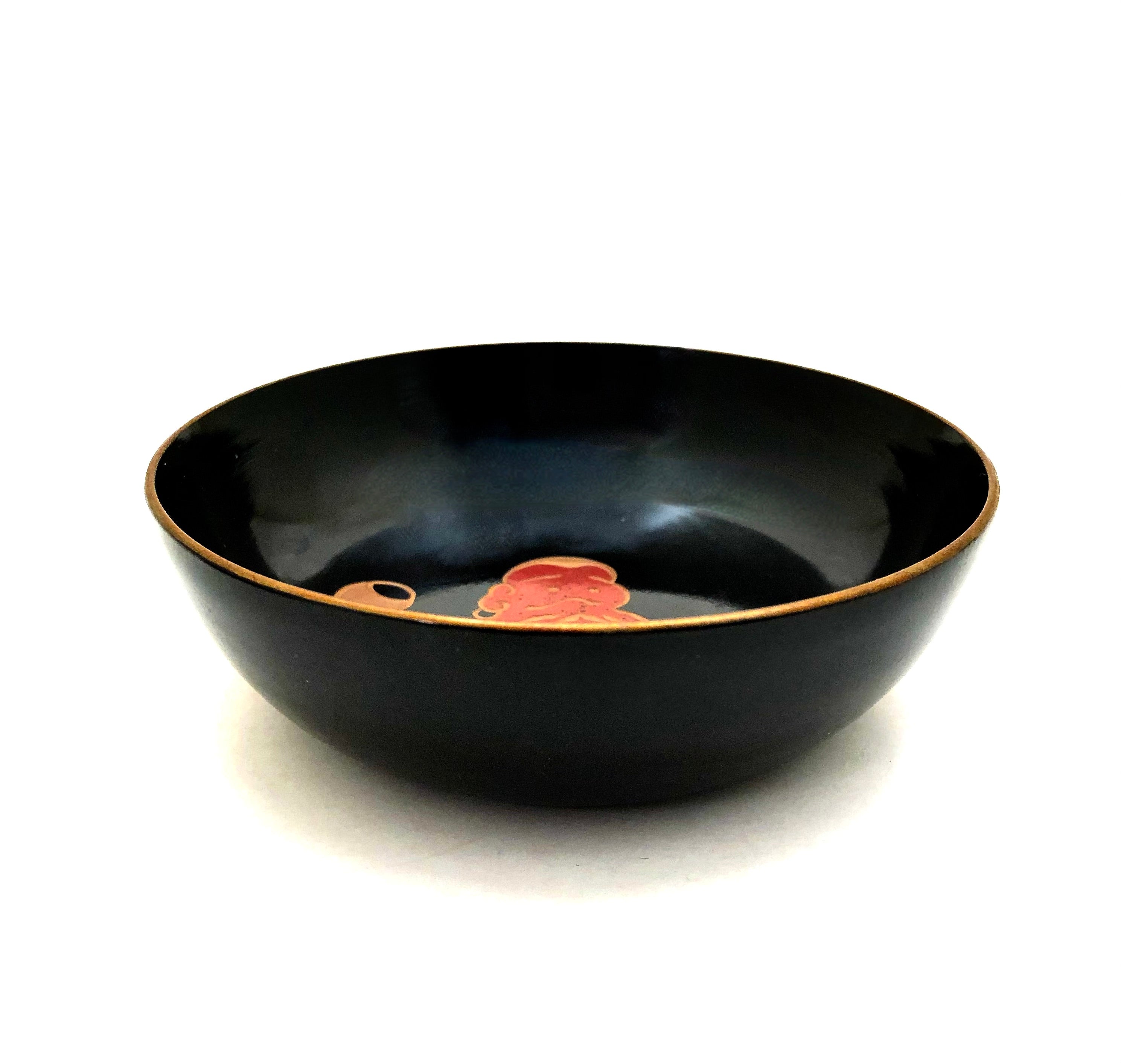 Vintage Japanese Black Lacquer Pickle Bowl with Image of Daruma