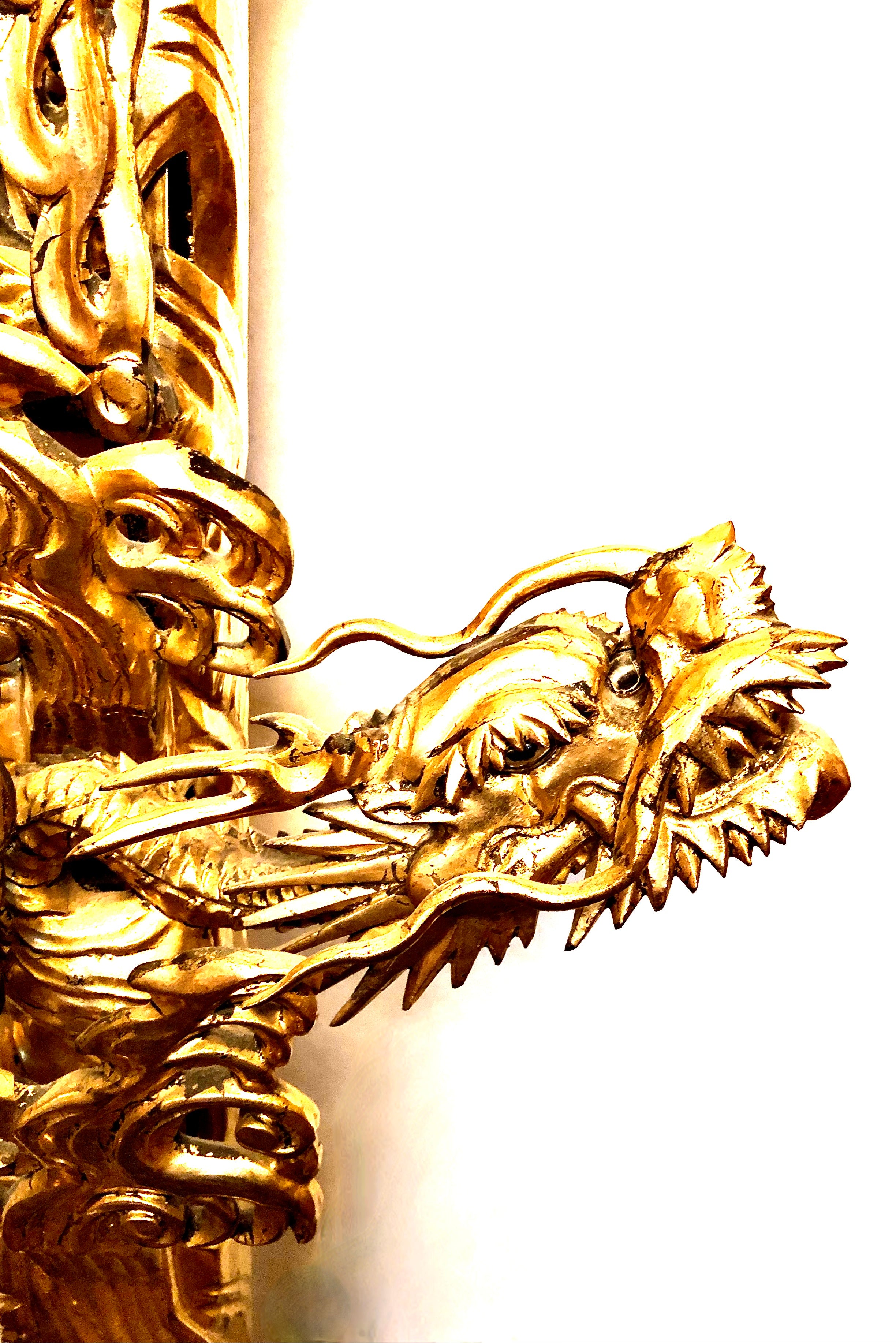 Antique Japanese Dragon (Ryu) Wood and Gold Leaf Temple Carving