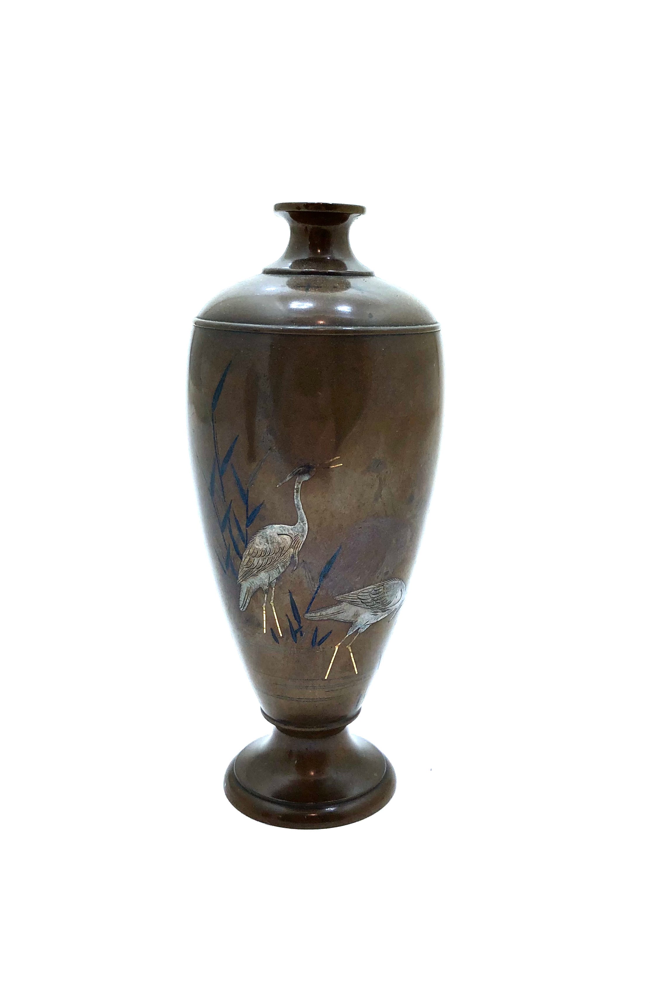 Pair of Antique Japanese Inlaid Bronze Baluster Vase with Snowy Egret Decoration in gold and silver