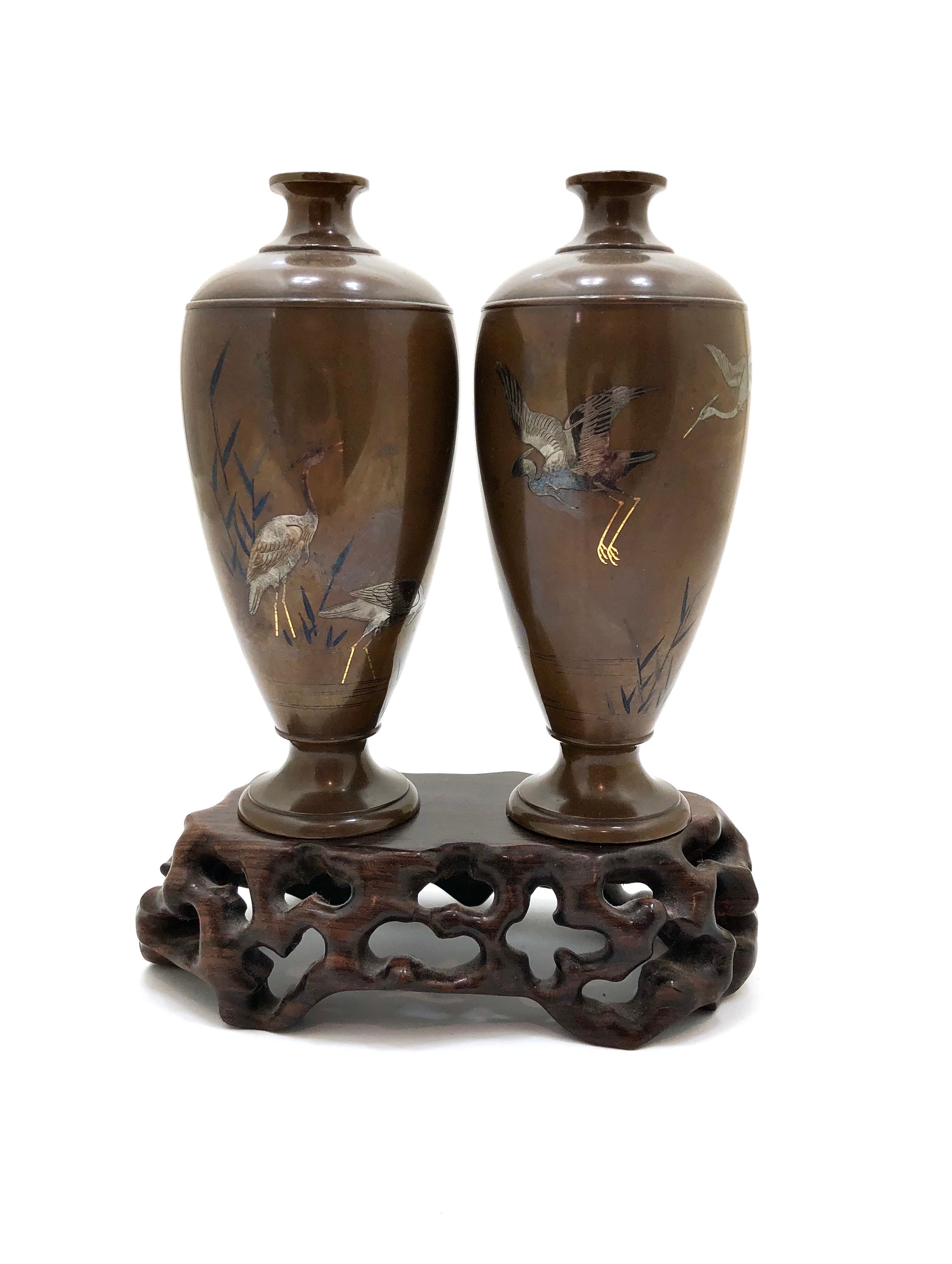 Pair of Antique Japanese Inlaid Bronze Baluster Vase with Snowy Egret Decoration in gold and silver