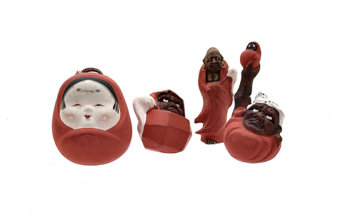 Vintage Japanese Miniature Daruma Daishi Figures and Hime-Daruma Bell by Hashiyama
