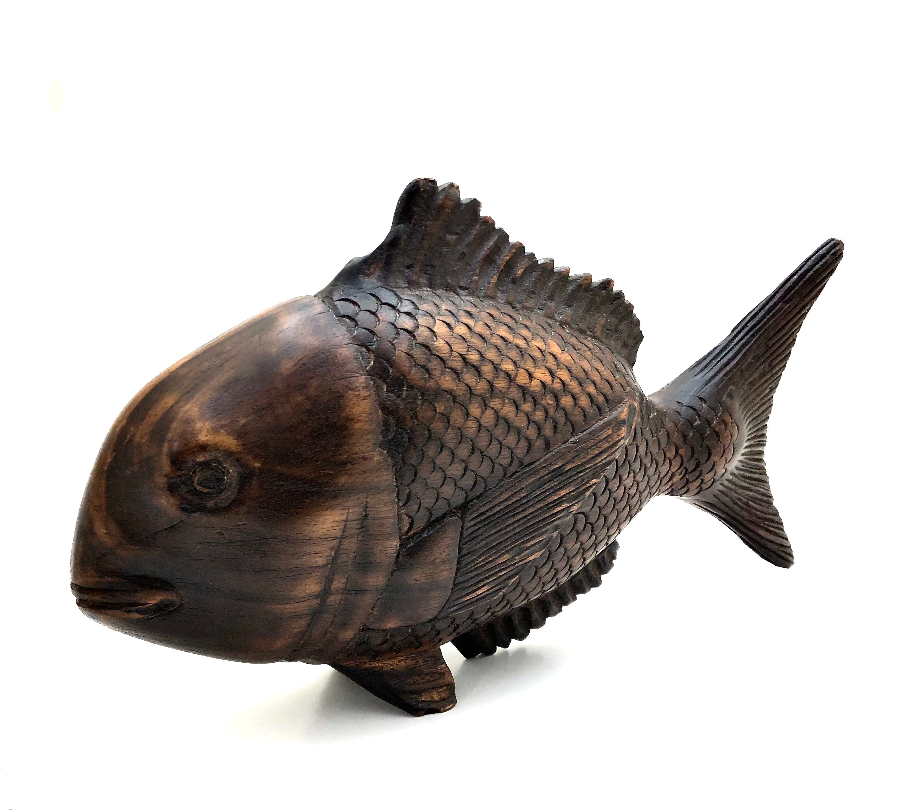 Vintage Japanese Okimono Wood Carved Carp | Nishikigoi Carving