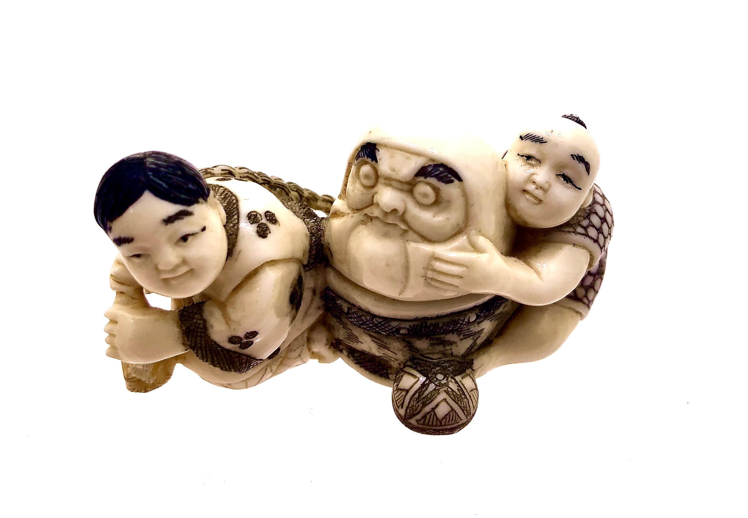 Japanese Meiji Ivory Netsuke of Children Pulling Daruma | Signed Okimono