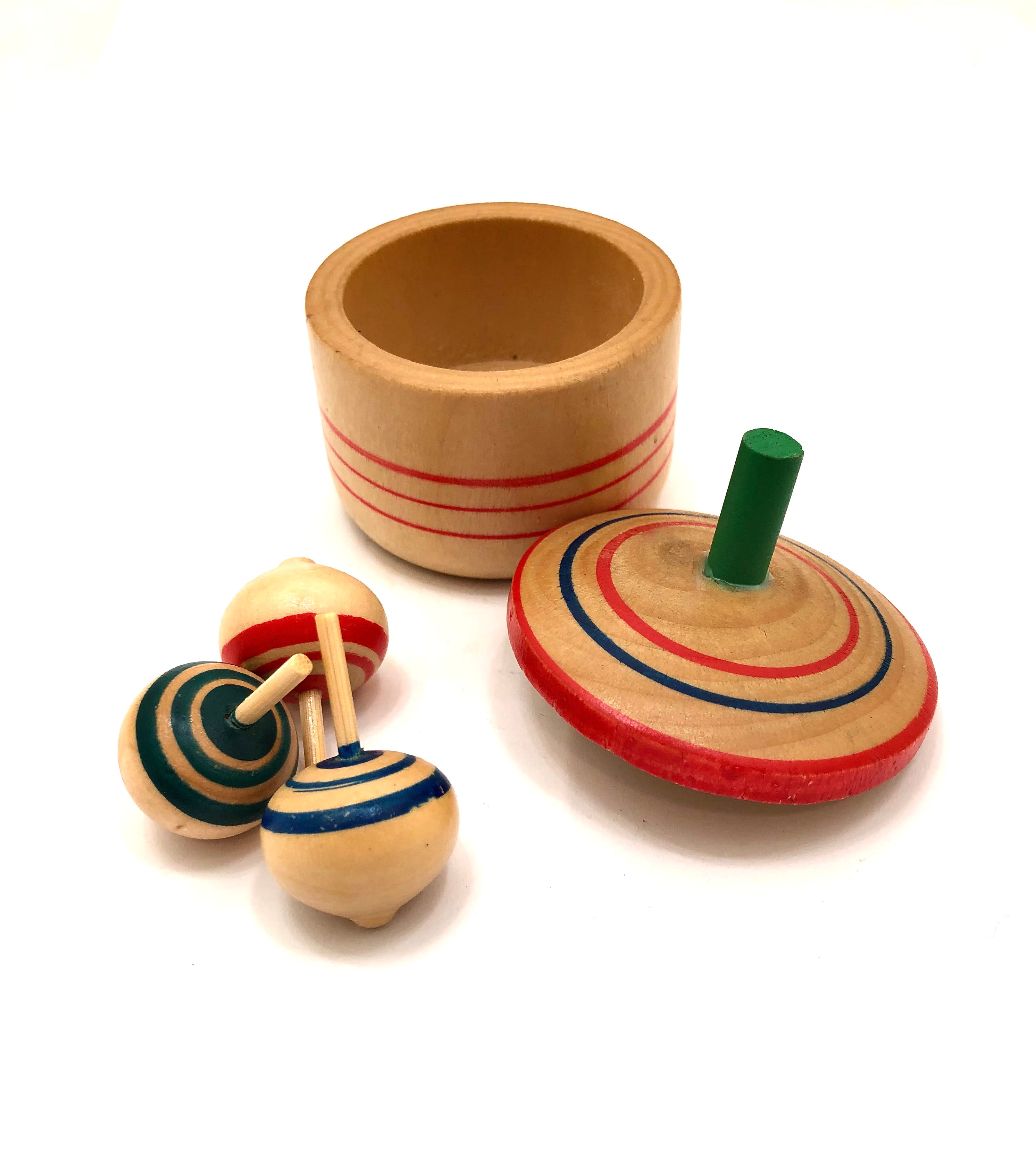 Japanese Wood Top Container Folk Toy with Spinning Top Cover and Miniature Koma