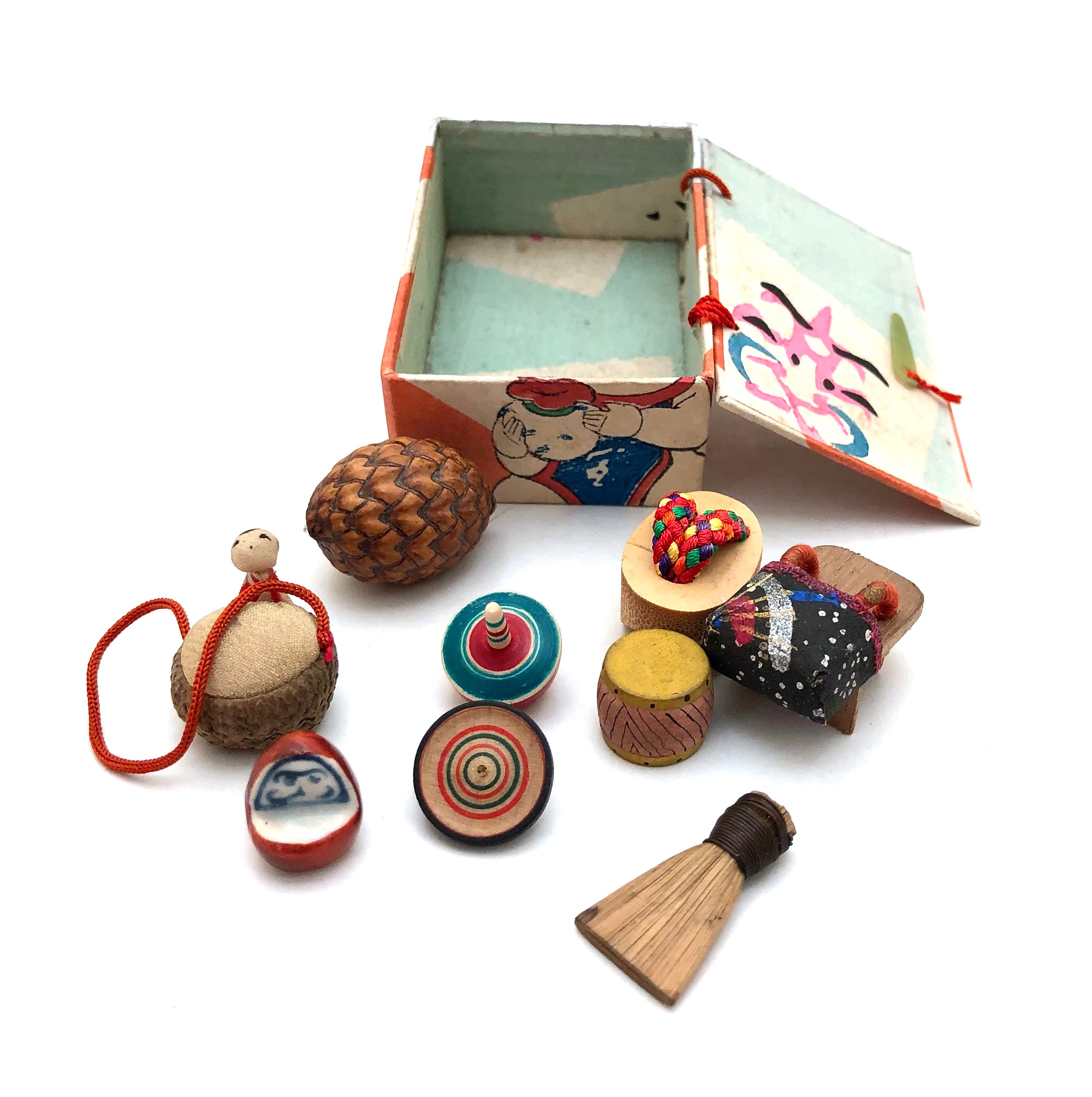 Japanese Vintage Washi Paper Handmade Box with Miniature Toys