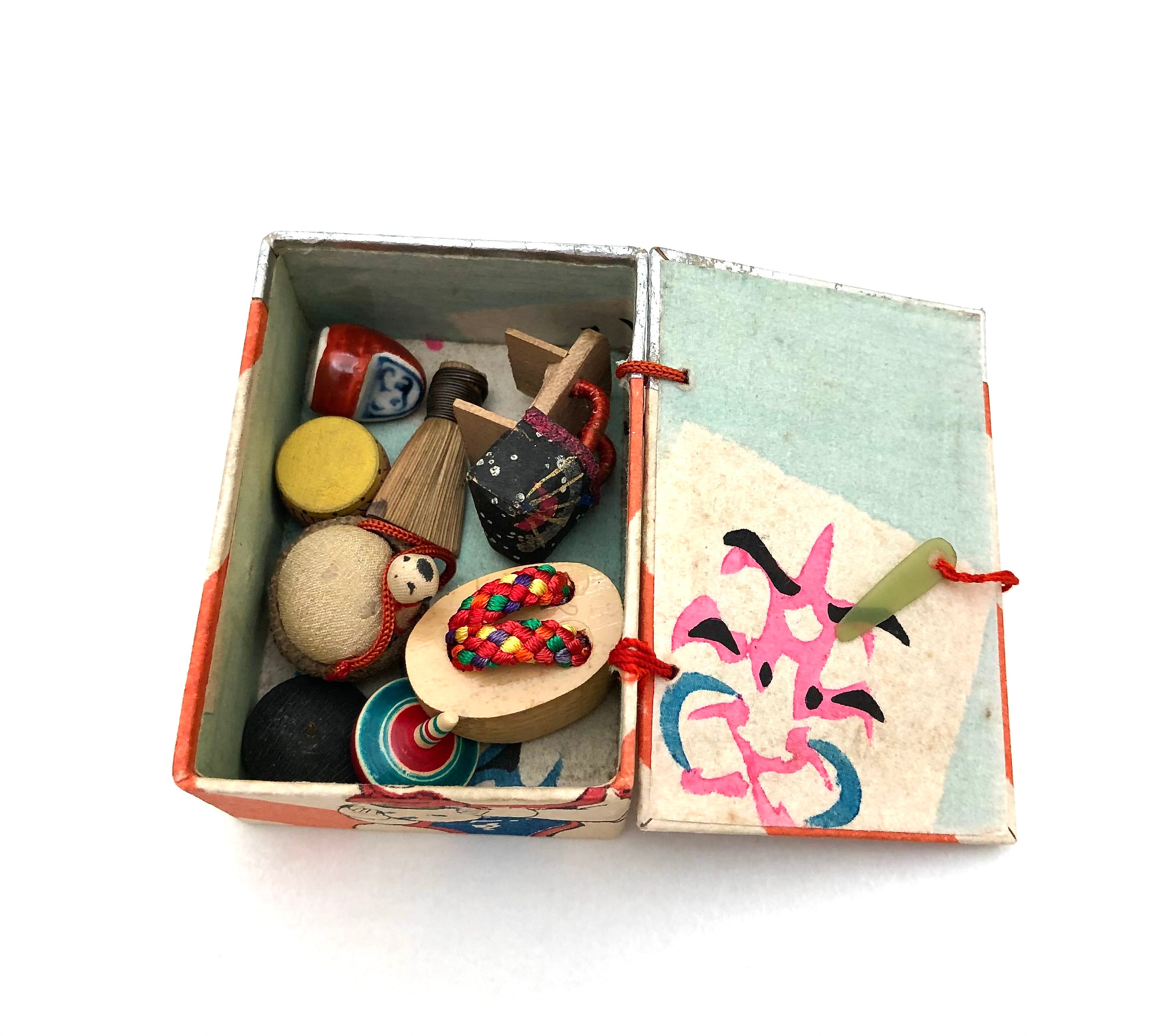 Japanese Vintage Washi Paper Handmade Box with Miniature Toys