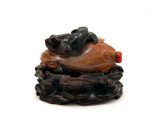 Chinese Vintage Carved Agate Fish Snuff Bottle | Fish, Frog and Flower Design